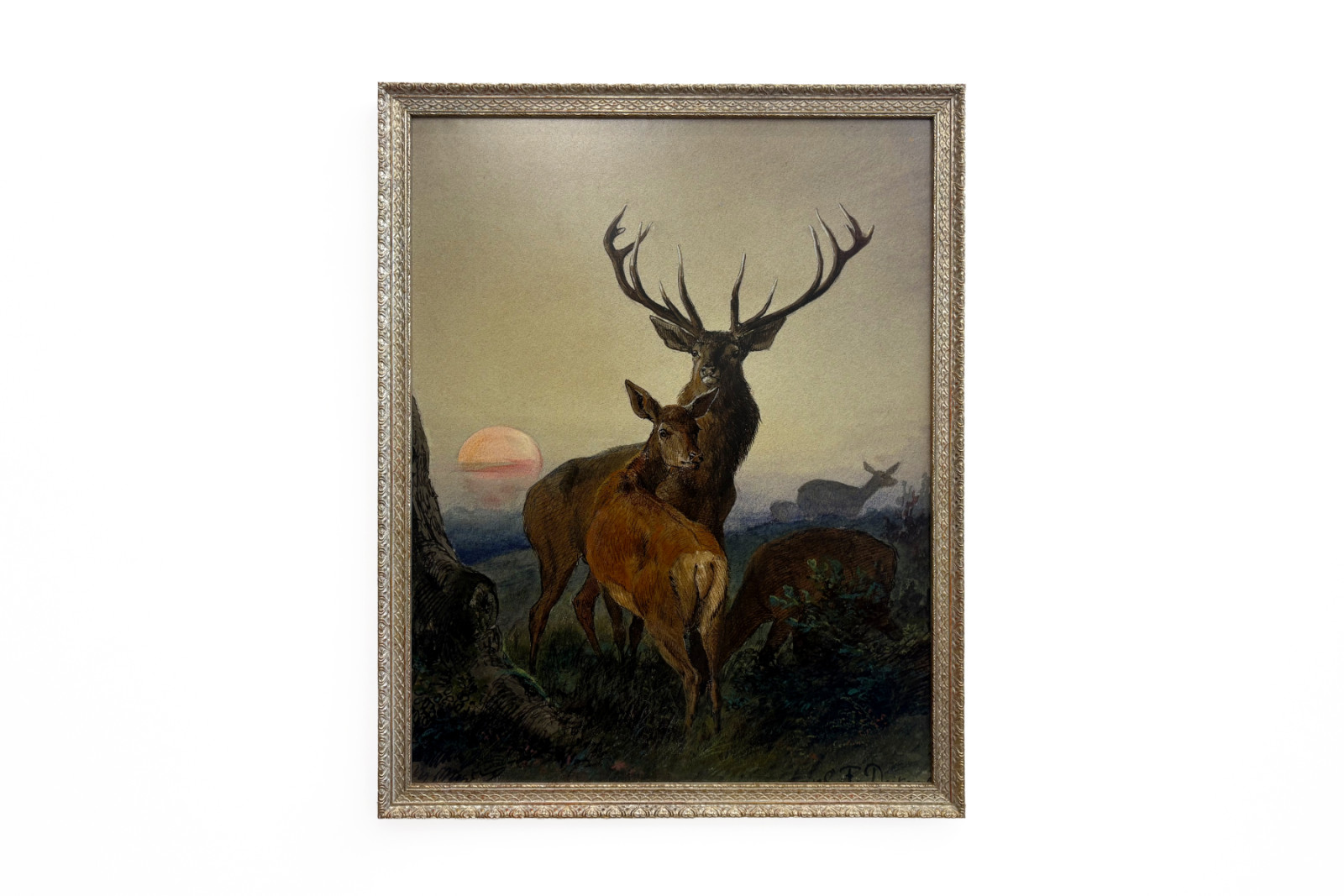 Un cervo con un daino in un paesaggio boscoso al tramonto - Carl Friedrich Deiker