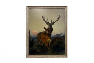 Un cervo con un daino in un paesaggio boscoso al tramonto - Carl Friedrich Deiker