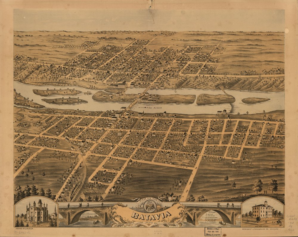 Veduta a volo d'uccello di Batavia, Contea di Kane, Illinois, 1869. LOC 73693342 da A.; Chicago Lithographing Co. Ruger