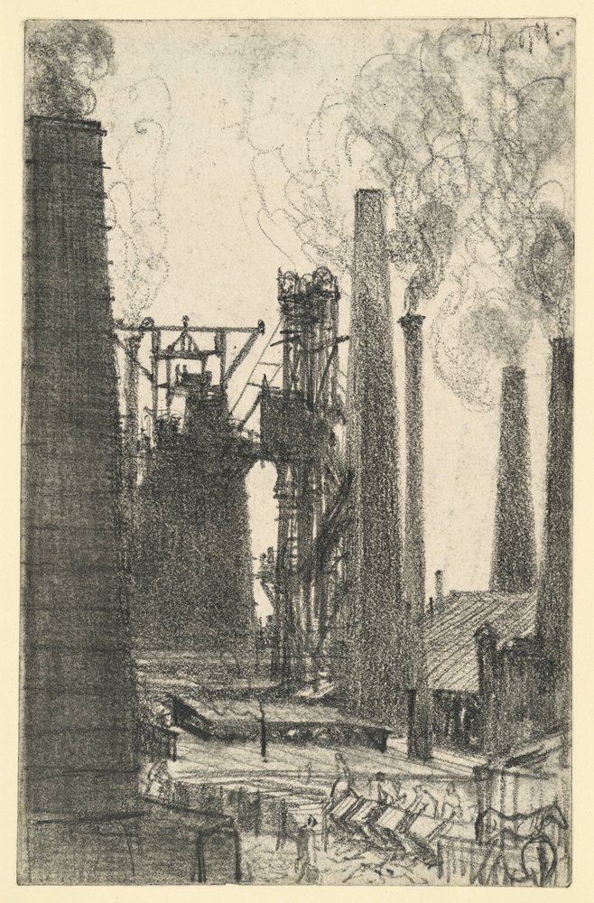 Piazza della fabbrica con ciminiere fumanti (Königshütte?) da Adolph Menzel