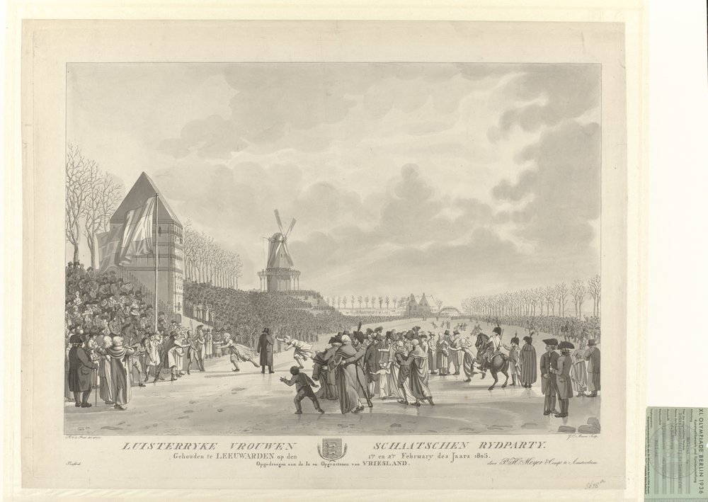 Competizione di pattinaggio su ghiaccio Kortebaanschaatsen nel 1805 a Leeuwarden vicino alla Vrouwenwaterpoort con un mulino a vento sullo sfondo. La vincitrice fu Trijntje Pieters Westra da After Aldert Jacobs van der Poort
