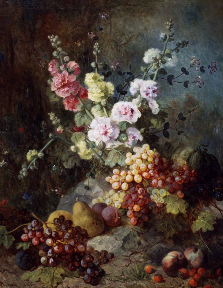 Natura morta con fiori e frutta con uva, pere, prugne e lamponi. Dipinto di Alexandre Couder (1808-1879) Collezione privata. da Alexandre Couder