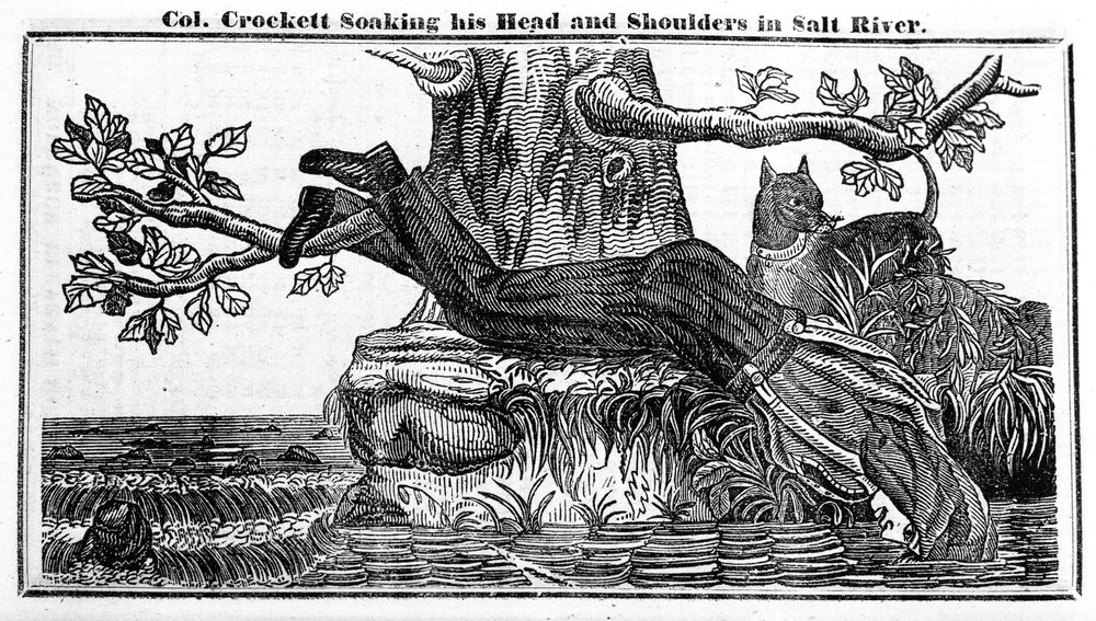 Il colonnello Davy Crockett che si immerge la testa e le spalle nel fiume Salt, da Crocketts Almanac, 1837 da American School