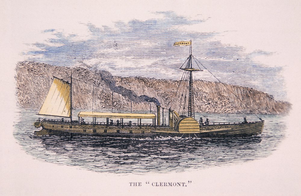 Il battello a vapore «Clermont» di Robert Fulton (1765-1815), sul fiume Hudson, New York da American School