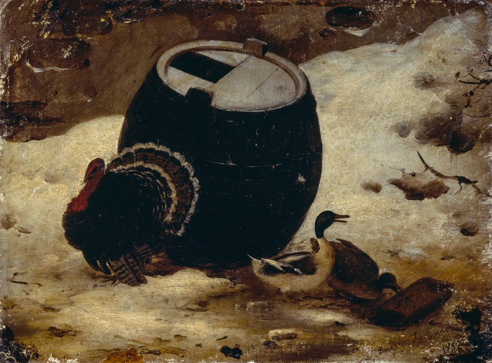 Animali e una botte nella neve | Angelo Inganni