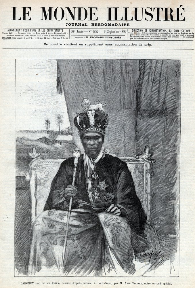Ritratto di Tofa I (Toffa) (circa 1850-1908), re del Dahomey (Benin) a Porto Novo. Un giornale. Incisione in 