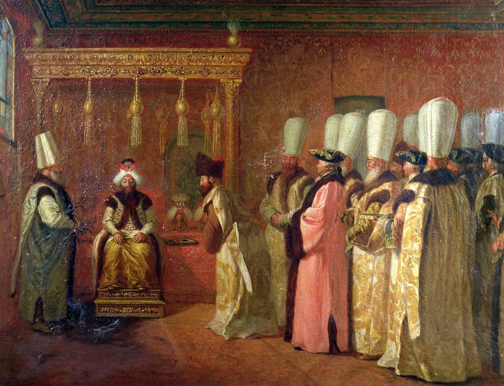 Udienza di Charles Gravier (1717-87), Conte di Vergennes, con il Sultano Osman III (1699-1757) a Costantinopoli, 1755 da Antoine de Favray