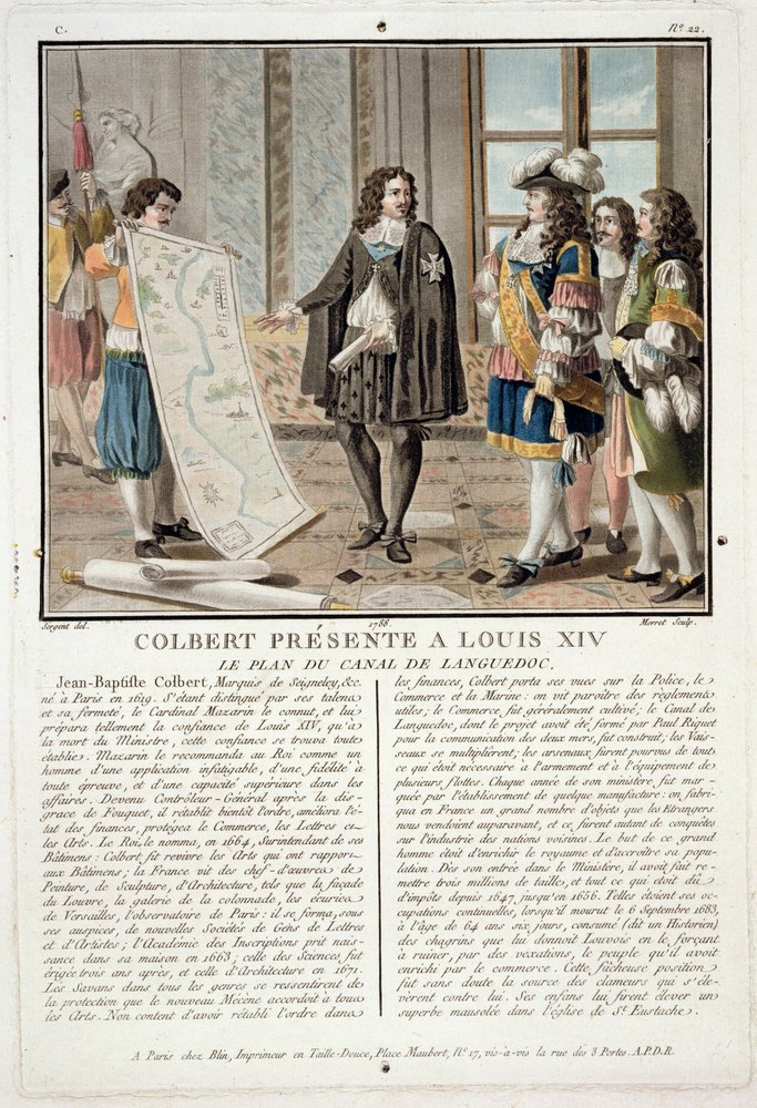 Jean Baptiste Colbert presenta la mappa del Canal du Languedoc a Luigi XIV, inciso da Jean Baptiste Morret, 1788 da Antoine Louis Francois Sergent-Marceau