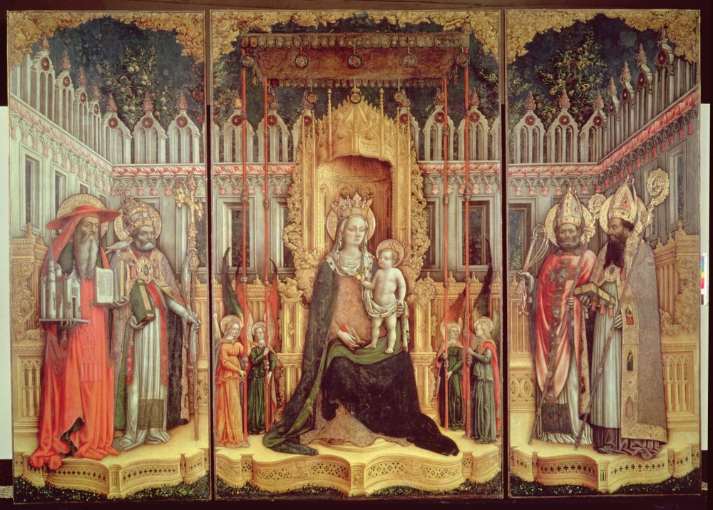 Trittico con la Madonna in trono con il Bambino tra i santi Gregorio, Gerolamo, Ambrogio e Agostino, Antonio Vivarini, Giovanni d'Alemagna, Antonio Vivarini, Giovanni d'Alemagna