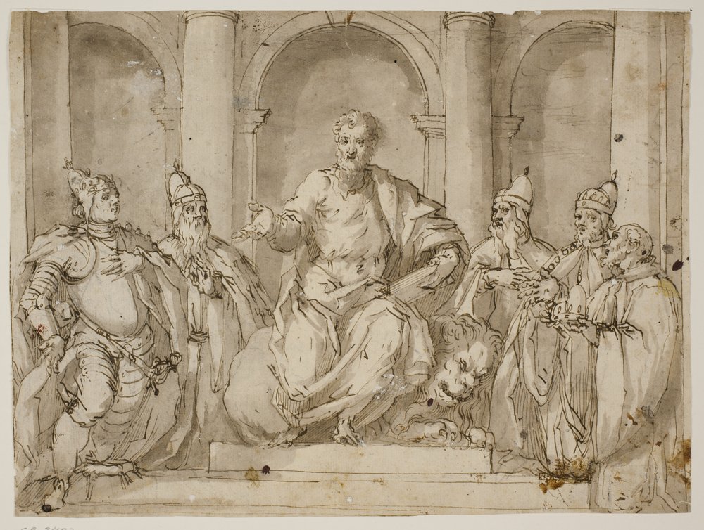 San Marco in Trono Circondato da Quattro Dogi e un Uomo con un Cappello ...