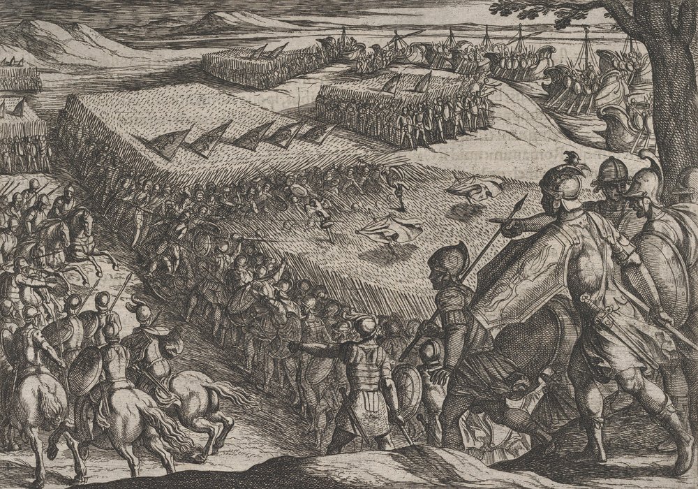 Tavola 6: I Romani sconfitti vicino al Reno, da La guerra dei Romani contro i Batavi..., 1611 da Antonio Tempesta