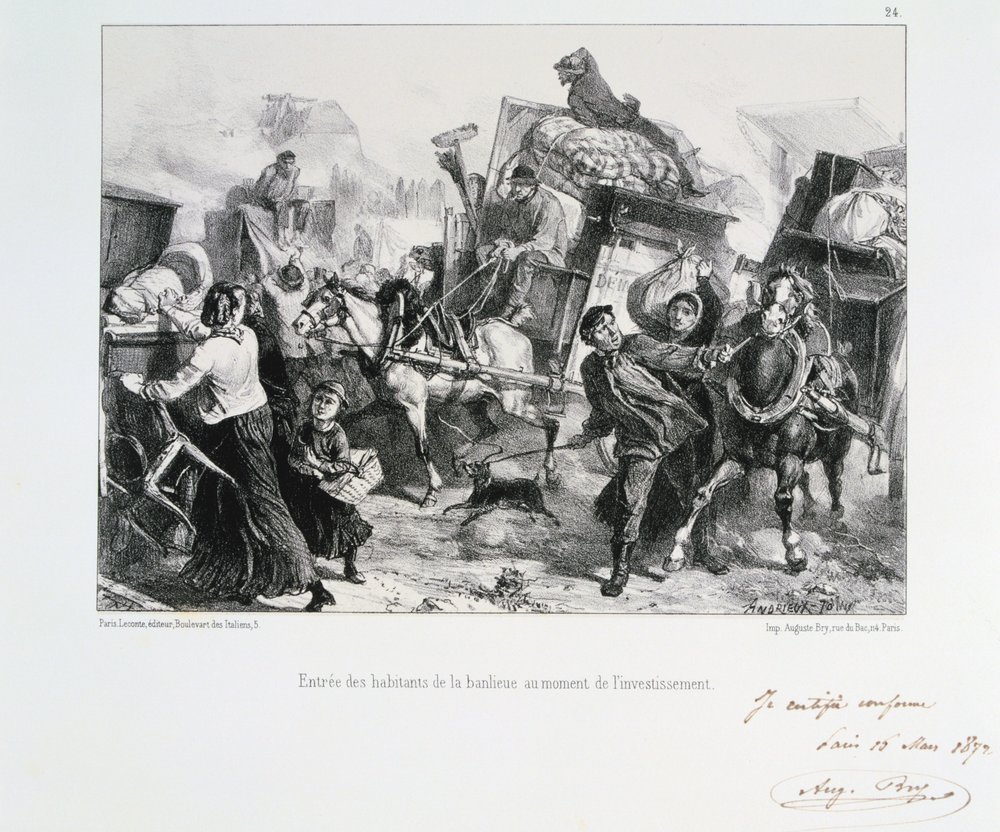 Residenti dei sobborghi che arrivano a Parigi prima che i prussiani assedino la città, 1870 1872 da Auguste Bry