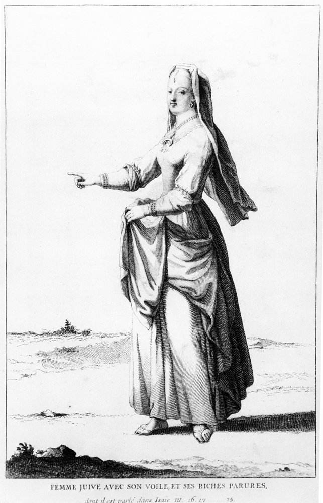 Donna ebrea francese con il suo velo e i suoi ricchi ornamenti, illustrazione da Dictionnaire Historique de la Bible, 1722 da Augustin Calmet