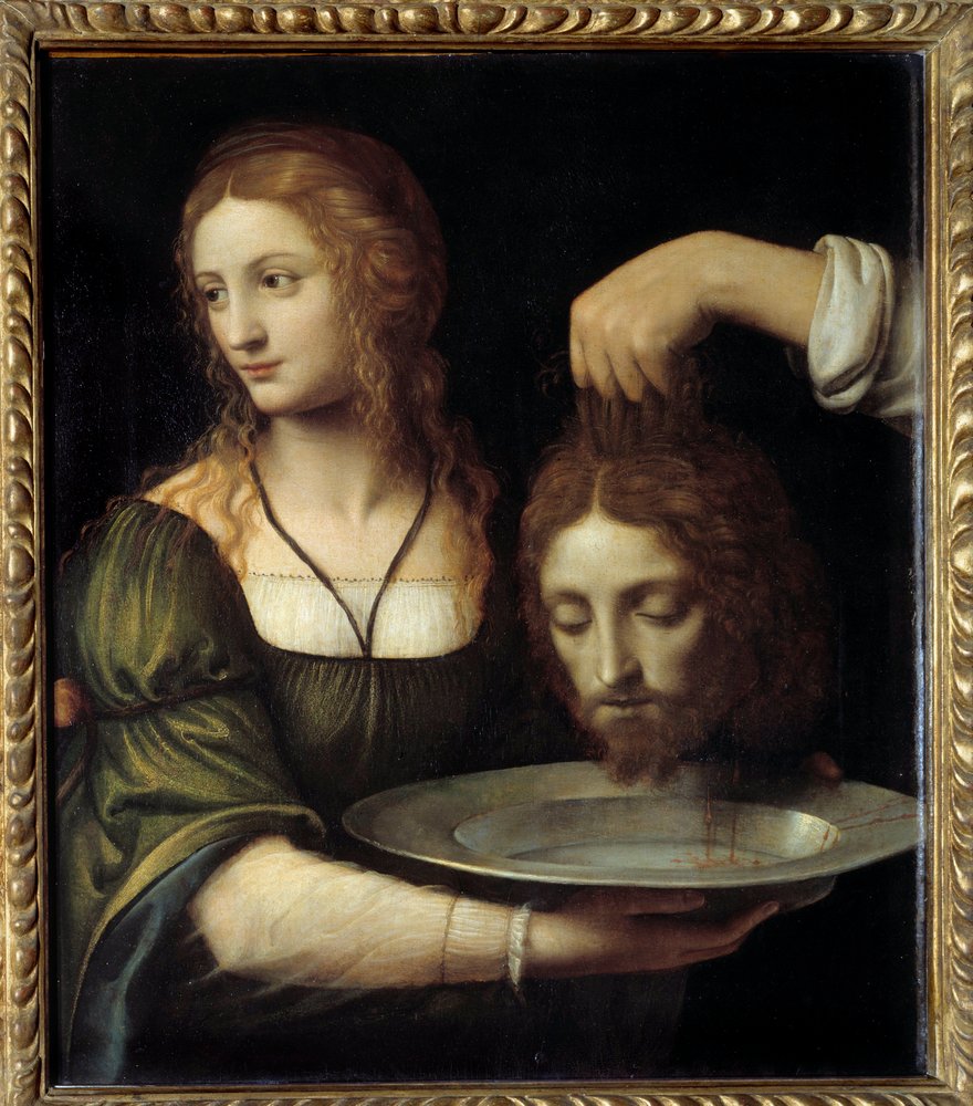 Salomè riceve la testa di san Giovanni Battista. A Salomè viene offerta su un vassoio la testa decapitata di san Giovanni Battista, che ella aveva richiesto durante il banchetto di Erode Antipa ed Erodiade. Dipinto di Bernardino de Scapis, noto come da Bernardino Luini