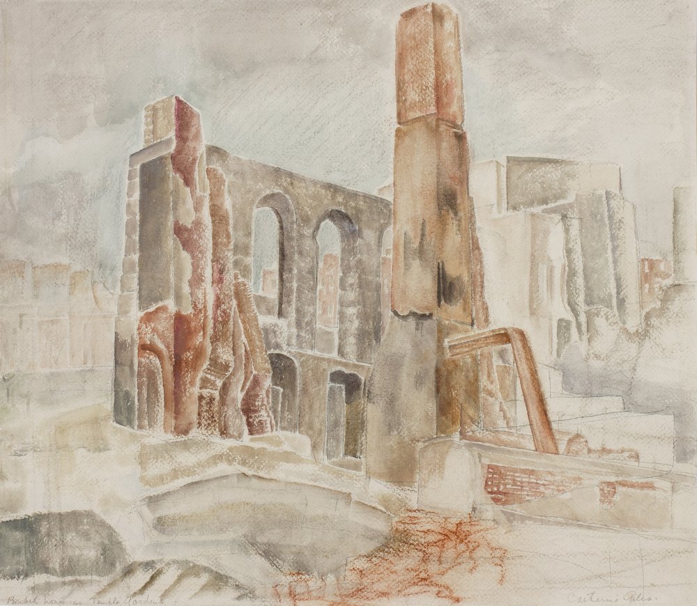 Casa bombardata a Temple Gardens, 1944 circa (matita e acquerello su carta) da Catherina or Catherine Giles