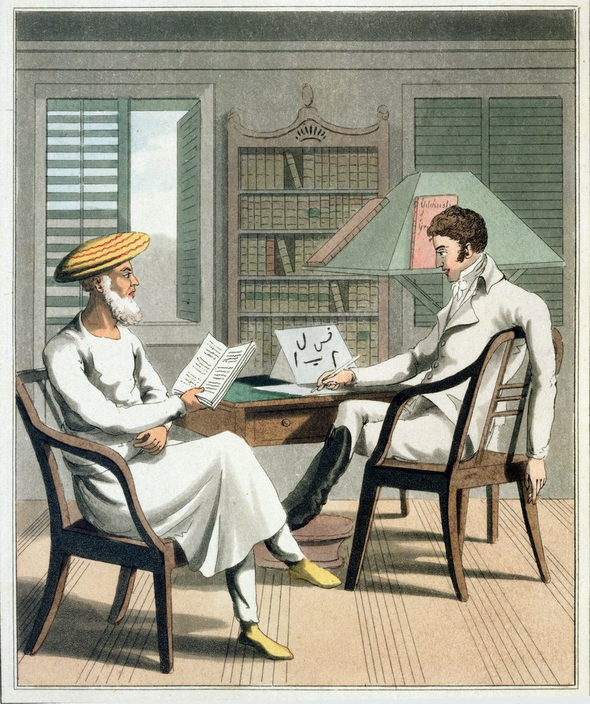 Un gentiluomo europeo con il suo Moonshee, o professore nativo di lingue, tavola 1 da 'The European in India', pubblicato nel 1813 da Charles d Oyly