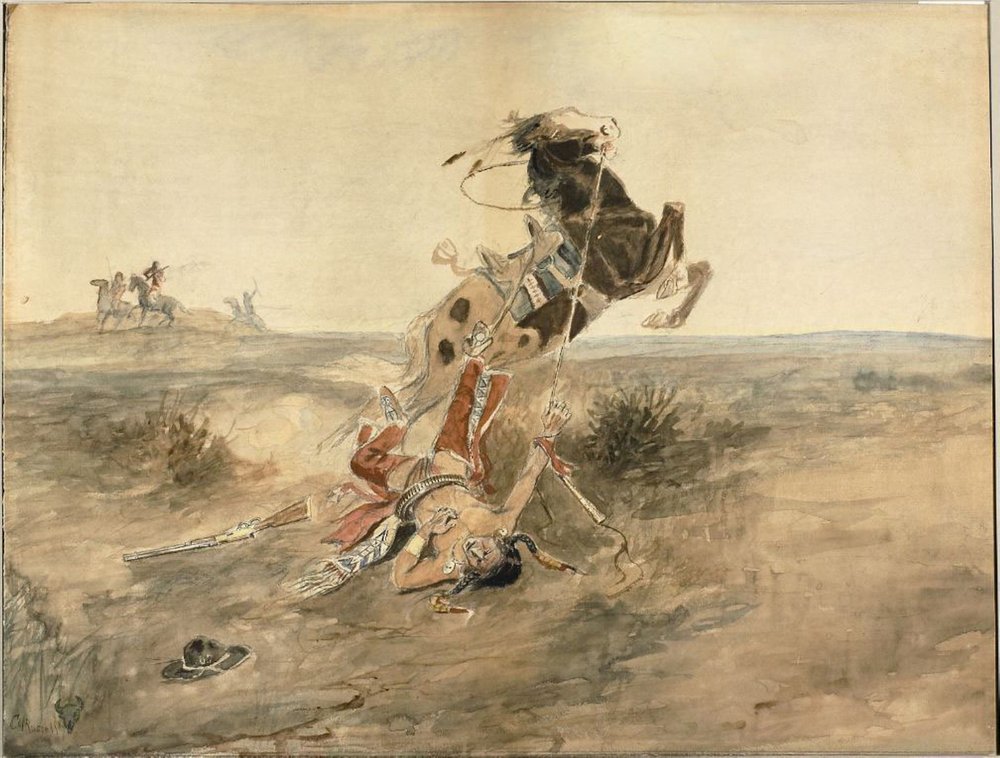 Guerriero indiano caduto, 1886 ca. (acquerello e grafite su carta ondulata color crema) da Charles Marion Russell