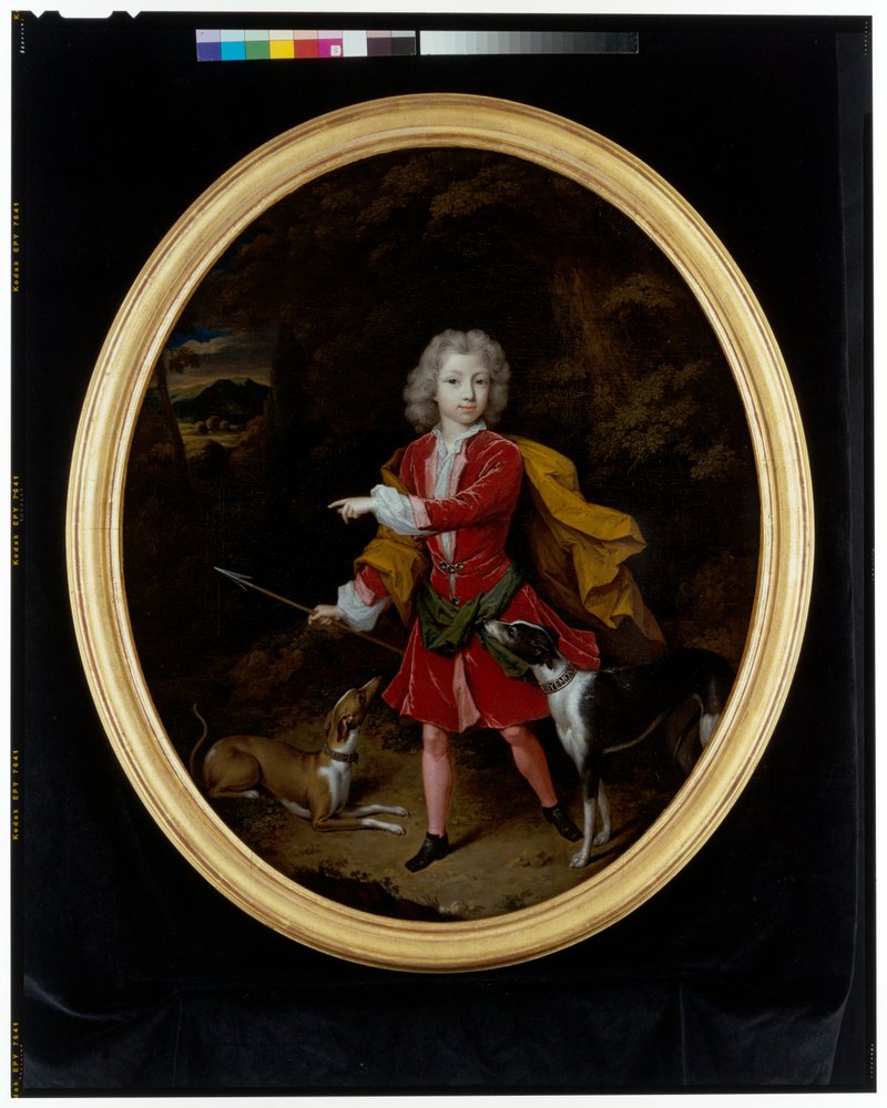 Ritratto di un giovane uomo accompagnato da una coppia di cani da caccia in un paesaggio boschivo da Constantin Netscher