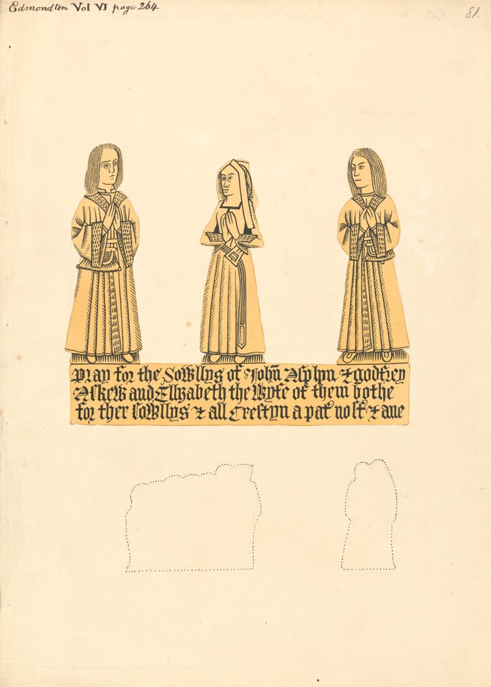 Targa di ottone per John Asplyn, Godfrey Askew e Elizabeth la moglie di entrambi, Chiesa di Edmonton da Daniel Lysons