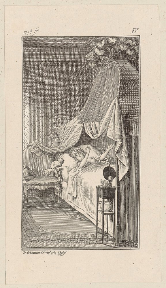 Cesare vuole saltare sul letto della signora Charlotte, che sta sognando da Daniel Nikolaus Chodowiecki