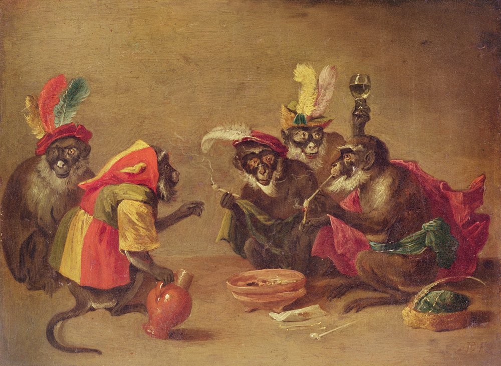 Scimmie che fumano e bevono da David Teniers the Younger