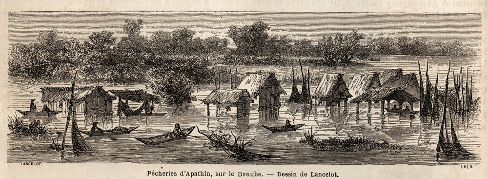 Le pesche di Apathin (Serbia), sul Danubio. Disegno di Lancelot, per illustrare il suo viaggio da Parigi a Bucarest nel 1860. Incisione in "Le tour du monde", a cura di Edouard Charton da Dieudonne Auguste Lancelot