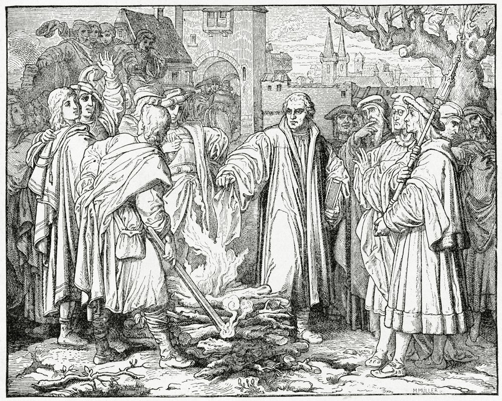 Lutero brucia la bolla papale nel 1520, 1882 da English School