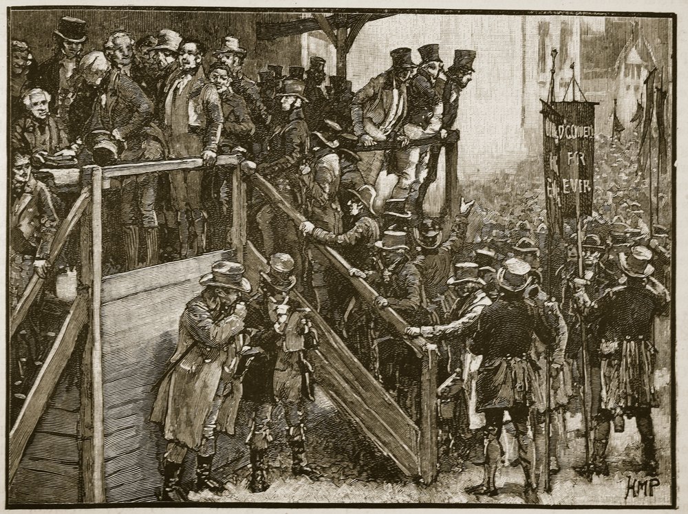 La Contesa di Clare: Padre Murphy guida i suoi inquilini al voto, illustrazione da Cassells Illustrated History of England da English School