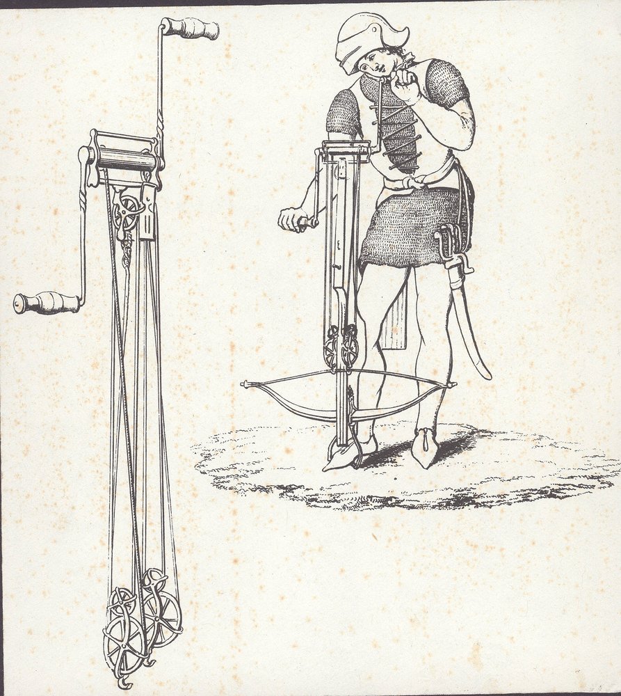 Meccanismo a verricello per tendere una balestra, illustrazione da «Ancient Armour» da English School