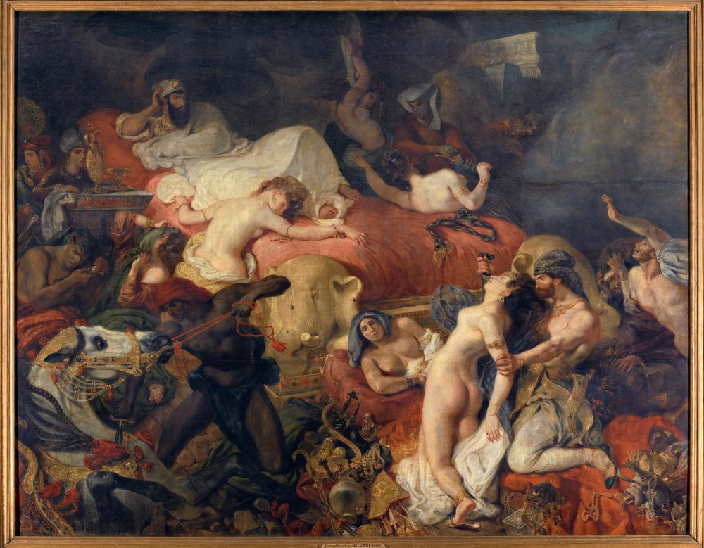 Morte di Sardanapalo. Sardanapalo, re assiro assediato dagli insorti, fece massacrare le sue mogli e i suoi cavalli prima di uccidersi da Ferdinand Victor Eugene Delacroix