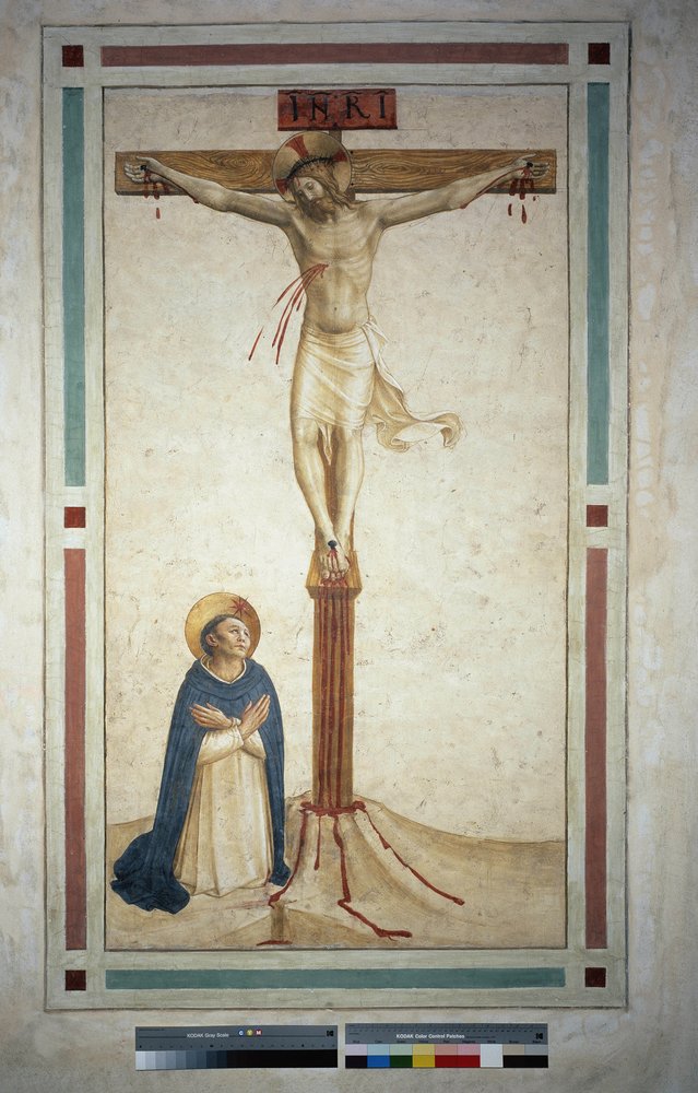 La crocifissione con San Domenico. Iscrizione "INRI" sulla croce. Affresco di Guido di Pietro da Fra Angelico