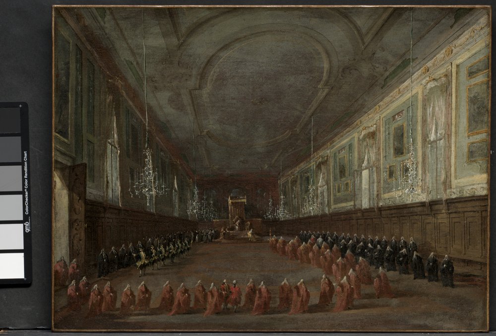 Papa Pio VI che scende dal trono per congedarsi dal Doge nella Sala dei SS. Giovanni e Paolo, 1782 e Cerimonia Pontificia nei SS. Giovanni e Paolo, Venezia, 1782, c. 1783 da Francesco Guardi