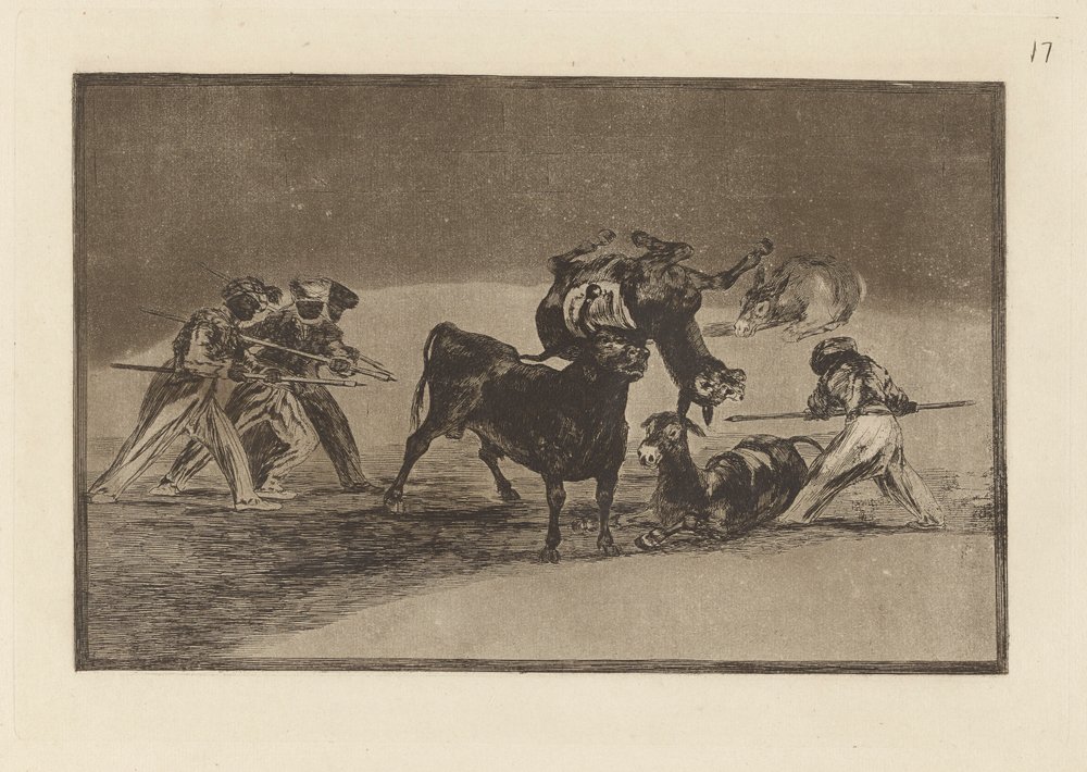 I Mori usano asini come barriera per difendersi dal toro con le corna coperte di palle, Tavola 17 da La tauromachia da Francisco de Goya