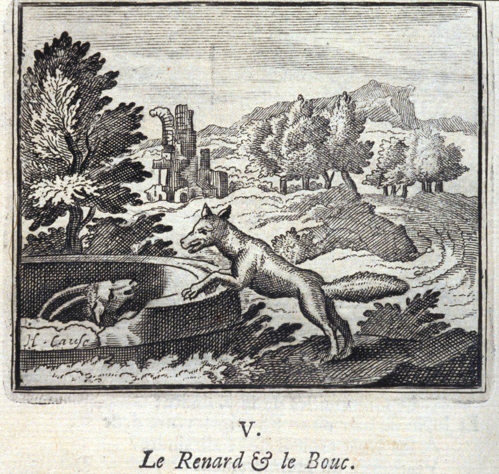 La volpe e il caprone. Favole di Jean de La Fontaine. Illustrazione di François Chauveau. Edizione del 1728 da Francois Chauveau
