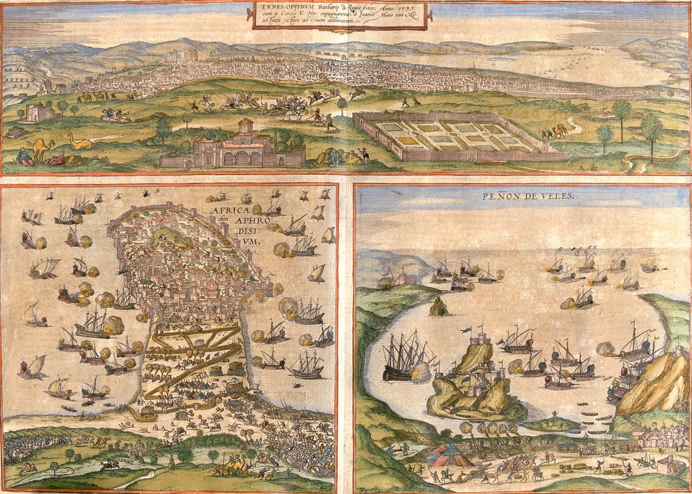 Vedute di Tunisi e Mahdia (Afrodisio) in Tunisia, e di Peñón de Vélez de la Gomera o Badis (Bades), Peñón de Vélez, conteso tra Spagna e Marocco (acquaforte) da Franz Hogenberg