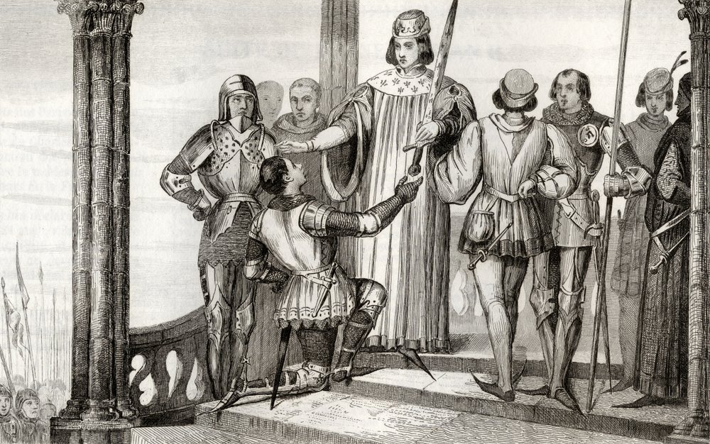 Carlo V (1358-80) il Saggio presenta la sua spada a Duguesclin, da 