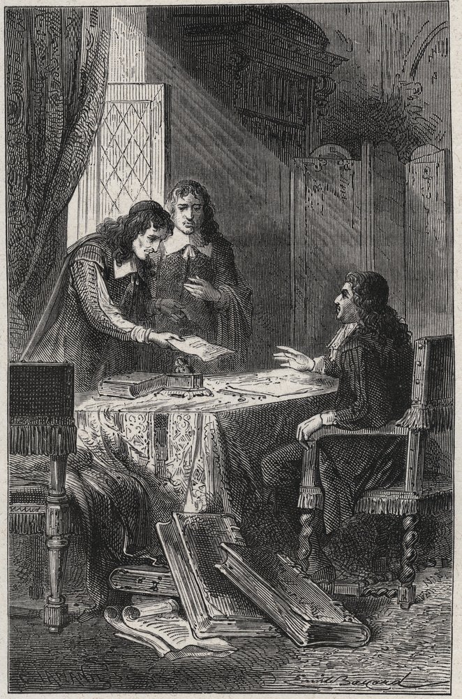 Jean Chapelain (1595-1674) poeta e critico letterario francese e Pierre Costar (1603-1660) consegnano a Jean Baptiste Colbert (1619-1683) una lista di scrittori meritevoli di pensione dal re - incisione in "Les Hommes Celebres de la France" di Louis Dumas da French School