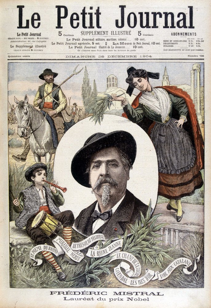 Ritratto di Frédéric Mistral, circondato da personaggi provenzali (guardiano, pifferaio e Mireille) - in "Le Petit Journal" del 28/12/1904 da French School