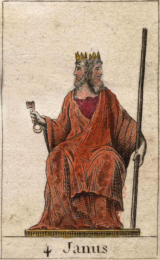 Rappresentazione di Giano, divinità degli inizi e dei passaggi, raffigurato con due volti (Giano, o Ianus, è il dio delle porte, degli ingressi, degli inizi e delle fini, raffigurato con due volti e una chiave). Da «Mitologia della gioventù» di Pierre da French School