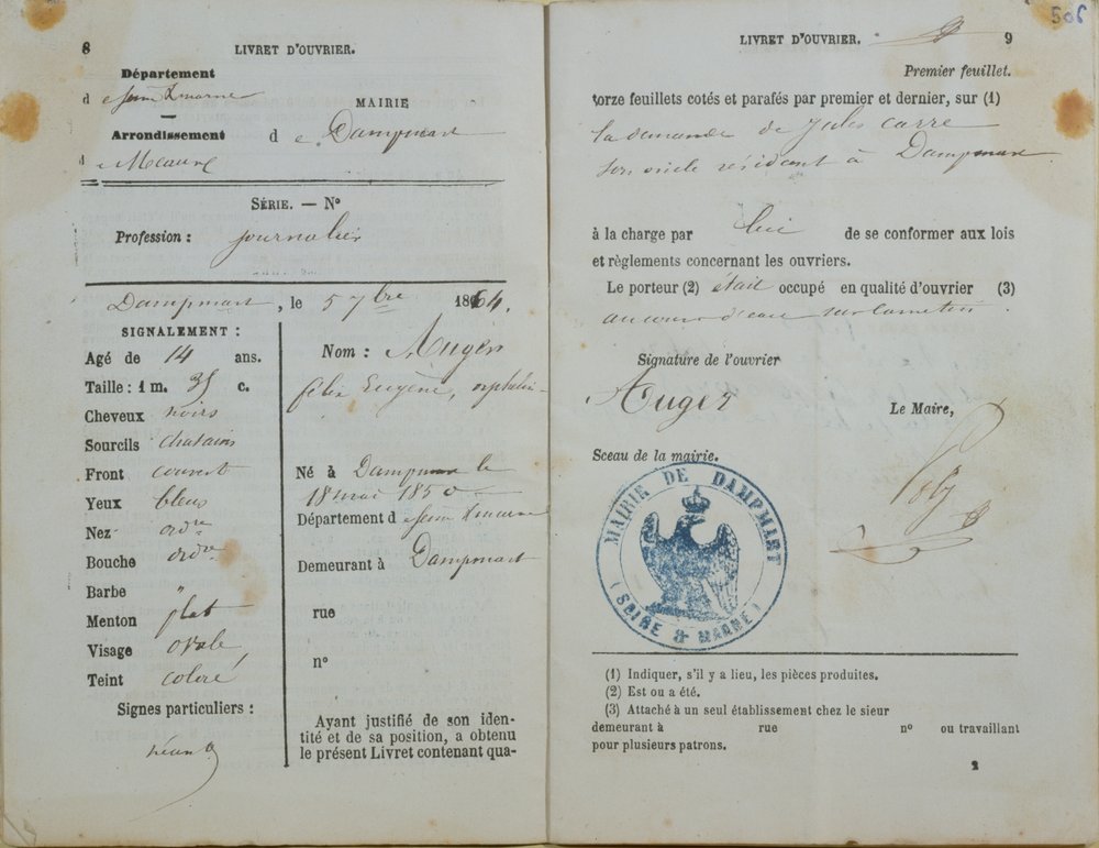 Manuale dei lavoratori emesso dalla Mairie di Dampmart a Felix Auger, 1864 da French School