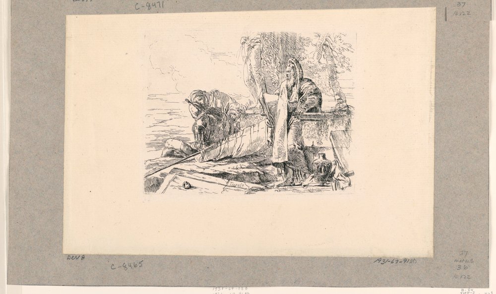 Mago in piedi, soldato seduto e un uomo, dai Vari Capricci da Giovanni-Battista Tiepolo