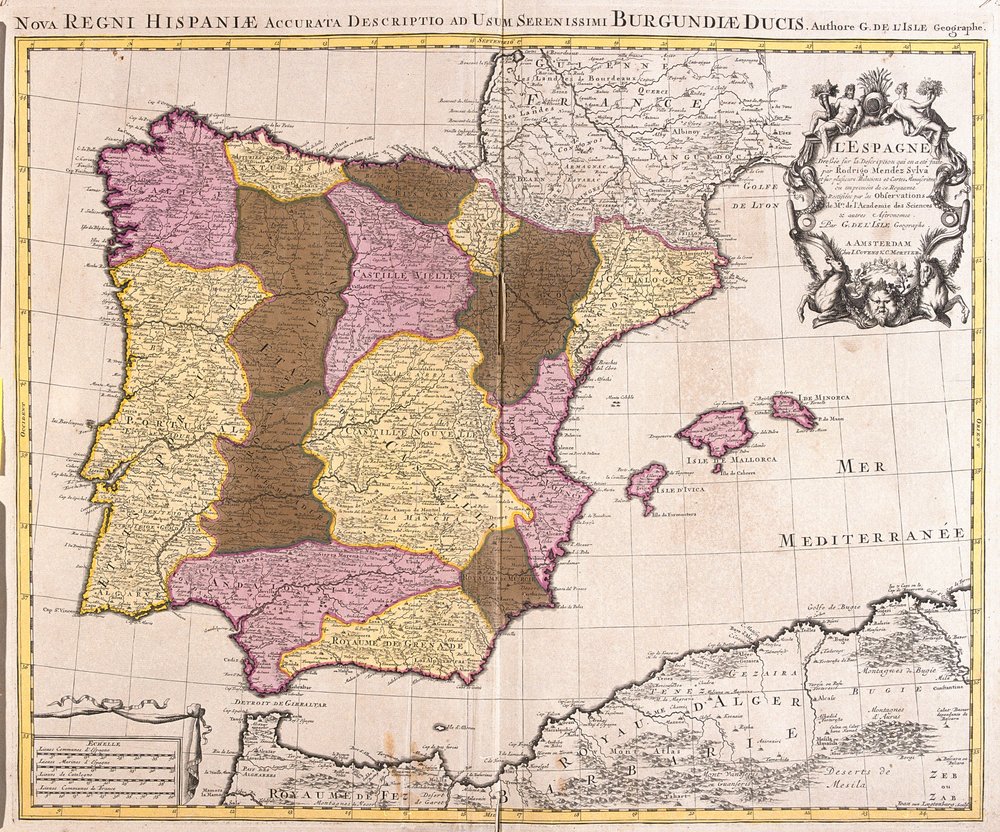 Mappa della penisola iberica, del Regno del Portogallo e della Spagna da Guillaume Delisle