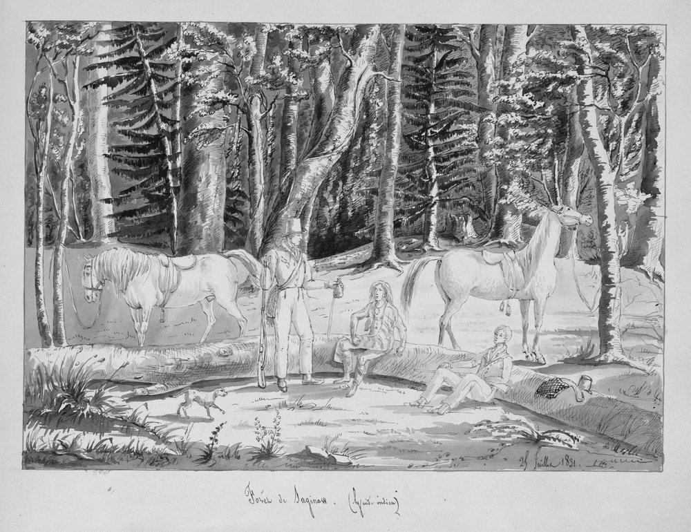 Viaggiatori con una guida indiana nella foresta di Saginaw, 1831 da Gustave de Beaumont