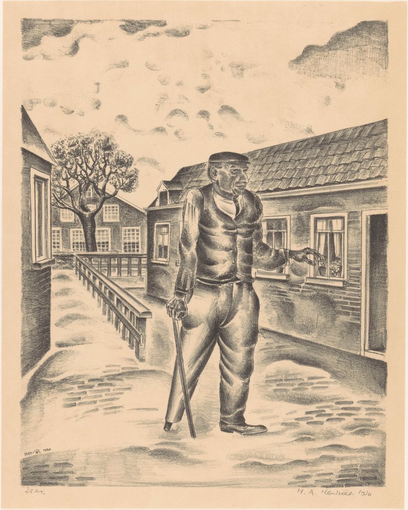 Uomo con gamba di legno e bastone da Henk Henriët (signed by artist)