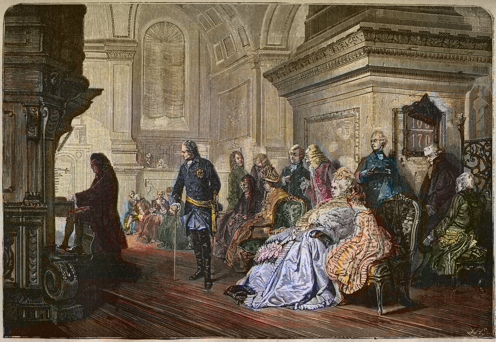 Il re di Prussia Federico II il Grande (1712-1786) ascolta il compositore Johann Sebastian Bach suonare a corte, incisione da un dipinto di Kaulbach da Hermann Kaulbach