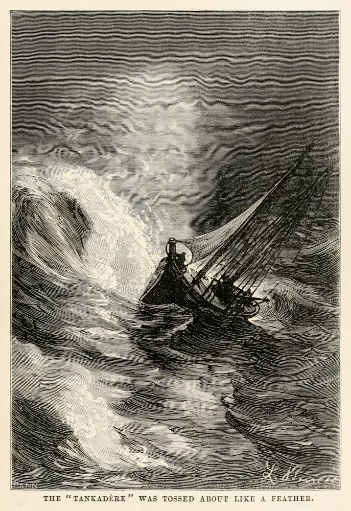 La Tankadere era sballottata come una piuma, da Il giro del mondo in ottanta giorni di Jules Verne (1828-1905) inciso da Adolphe François Pannemaker (1822-1900), 1873 da Hippolyte Leon after Benett