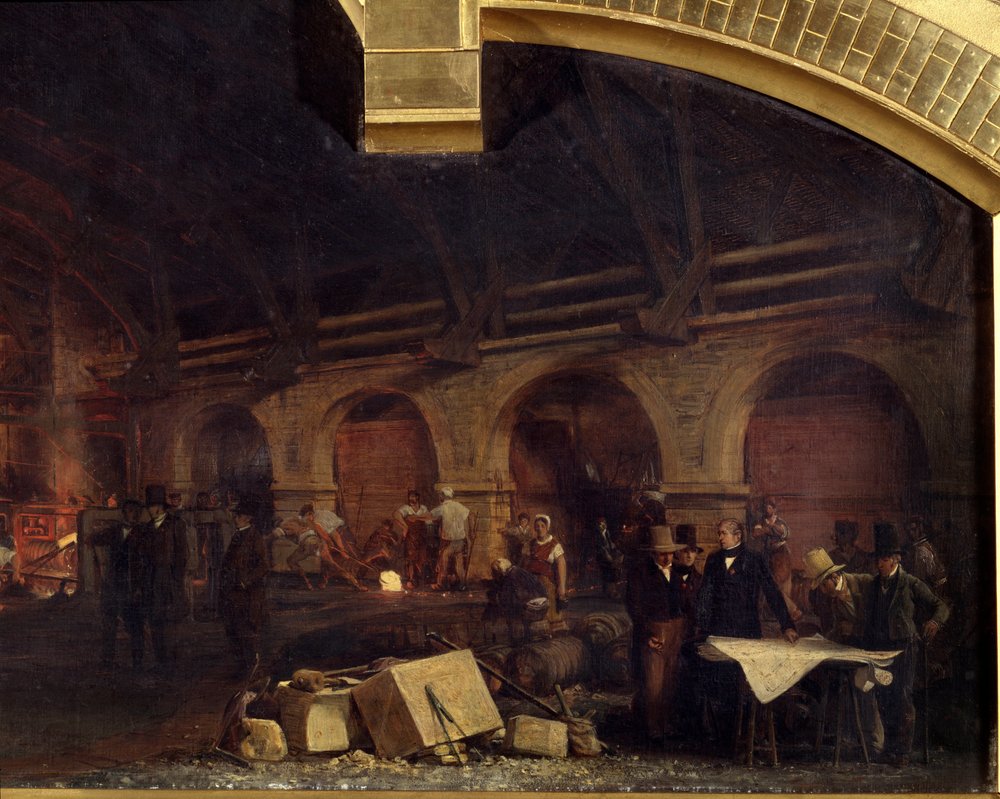 Metallurgia: La grande fucina di Fourchambault (dettaglio). Dipinto di Francois Bonhomme, 1839 Fourchambault da Ignace Francois Bonhomme