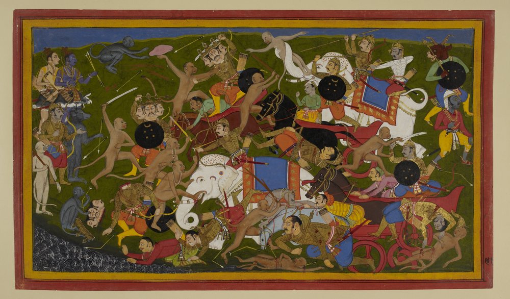 Aṅgada, Nīla e Hanumān sconfiggono i parenti di Rāvaṇa in una battaglia. da Indian School