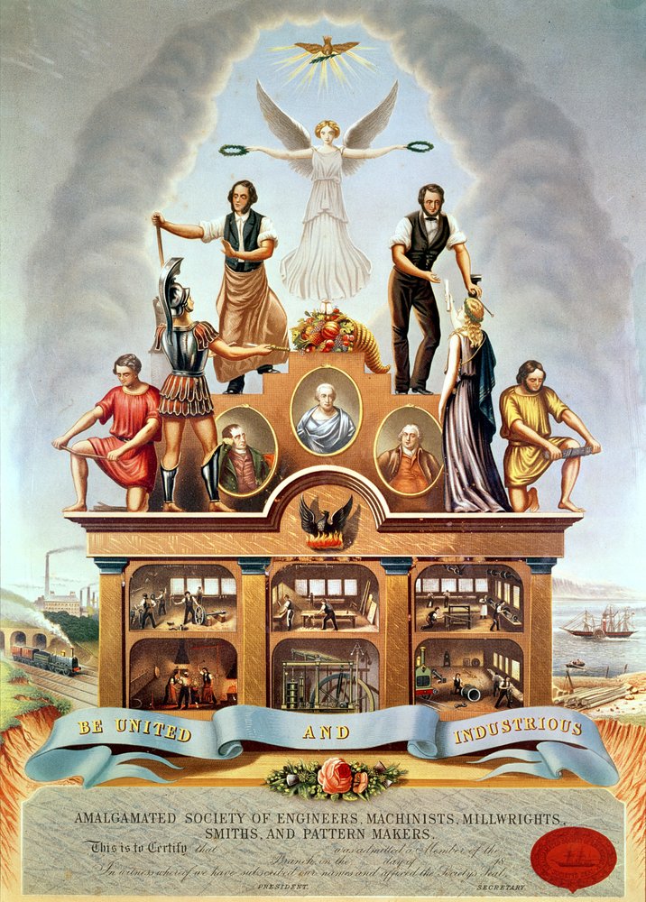 Emblema commerciale della Società Amalgamata di Ingegneri, Meccanici, Fabbri e Modellisti, inciso da George Greatbach, 1852 da James Sharples