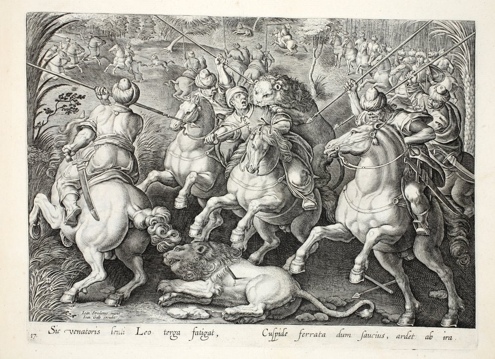Caccia al leone con lance, illustrazione da 'Venationes, Ferarum, Avium, Piscium' (Della caccia: Bestie selvatiche, uccelli, pesci), inciso da Jan Collaert (1566-1628), pub. da Phillipus Gallaeus, Amsterdam da Jan van der Straet